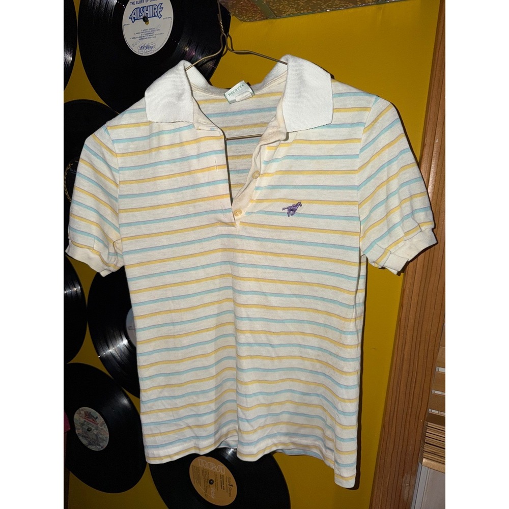 Vintage Wrangler Kids Striped Polo Shirt Short Sleeve Yellow Teal White Small
